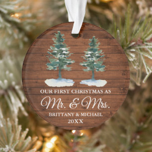 First Christmas Mr. Mrs. Rustic Wood Two Pines Ornament
