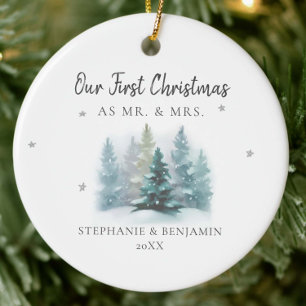First Christmas Mr Mrs Snow Mountains Photo Ceramic Tree Decoration