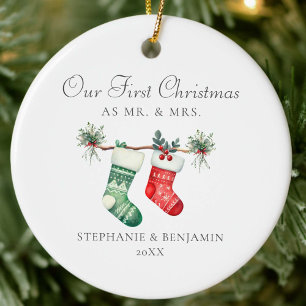 First Christmas Mr. Mrs. Stockings Greenery Photo Ceramic Tree Decoration