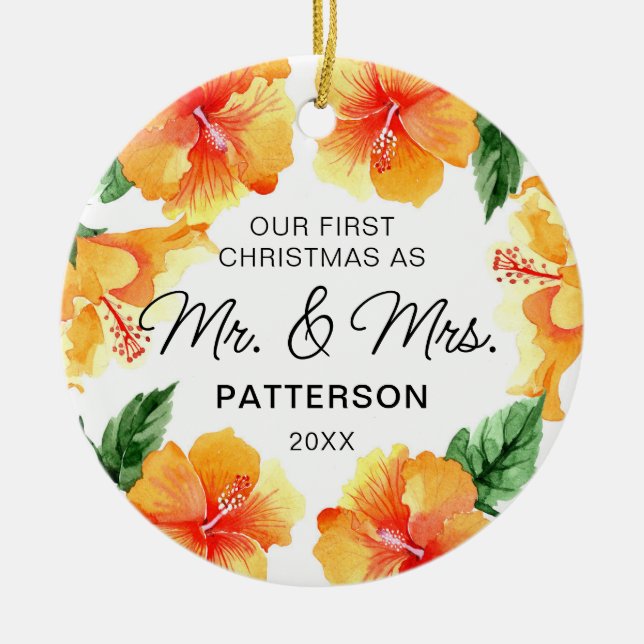 First Christmas Mr & Mrs Tropical  Floral Photo Ceramic Tree Decoration (Front)