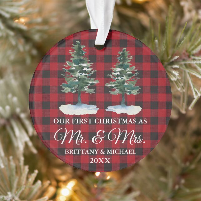 First Christmas Mr. Mrs. Two Pines Red Plaid Ornament (Tree)