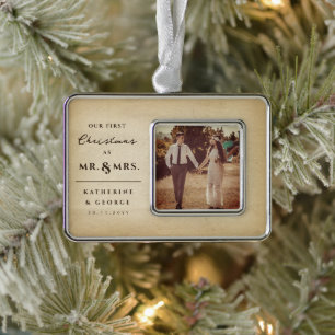 First Christmas Mr & Mrs Vintage Wedding Photo Silver Plated Framed Ornament