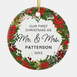 First Christmas Mr & Mrs Watercolor Floral Photo Ceramic Tree Decoration