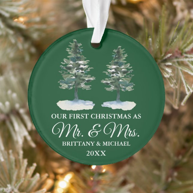 First Christmas Mr. Mrs. Watercolor Two Pines Ornament (Tree)