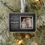 First Christmas Mr & Mrs Wedding Chalkboard Photo Silver Plated Framed Ornament<br><div class="desc">This modern and simple photo 'our first christmas' ornament design features a square photo on the right side and classic serif and script text of the newlywed couple's names and wedding date on the left side. You can delete the vintage black chalkboard background layer and change the base colour to...</div>