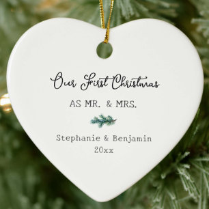 First Christmas Mr Mrs Winter Branch Simple Photo Ceramic Tree Decoration