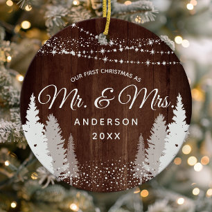First Christmas Mr Mrs Wood Winter String Lights Ceramic Tree Decoration