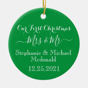 First Christmas Mrs & Mr Green Red Personalised Ceramic Tree Decoration