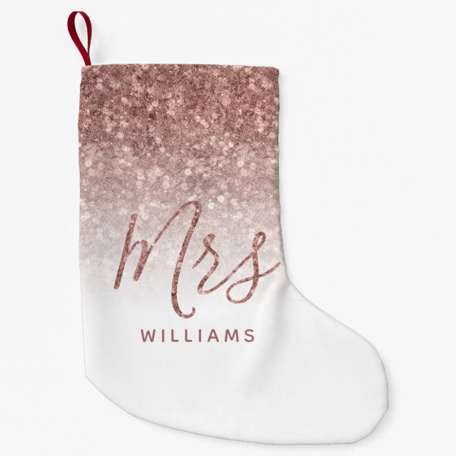First Christmas Mrs Personalised Rose Gold Glitter Small Christmas Stocking (Front)
