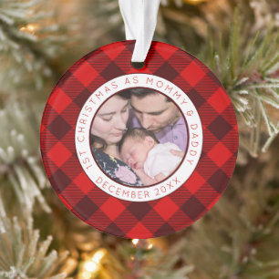 First Christmas Mummy Daddy Photo Red Plaid Ornament