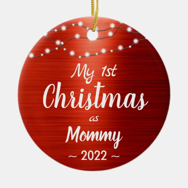 First Christmas Mummy String Lights Name Photo Ceramic Tree Decoration (Front)