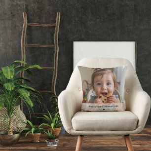 First Christmas Name Year Heart Photo Modern Cushion