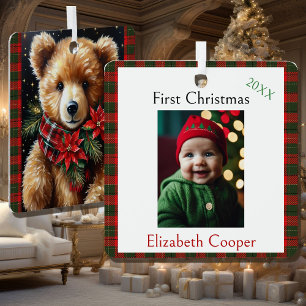 First Christmas Name Year Teddy Bear Metal Tree Decoration