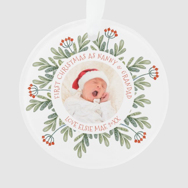 First Christmas Nanny Grandad Photo Names Leaves Ornament (Front)