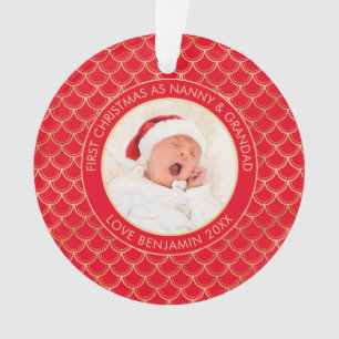 First Christmas Nanny Grandad Photo Red Gold Ornament