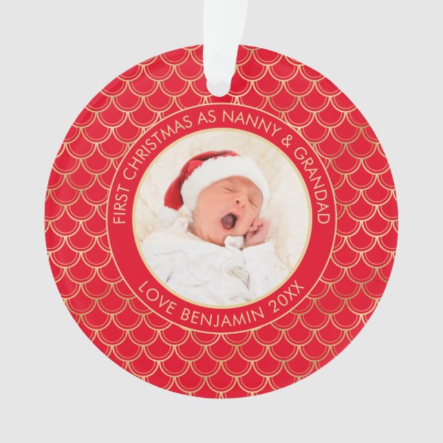 First Christmas Nanny Grandad Photo Red Gold Ornament (Front)