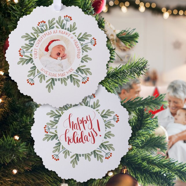 First Christmas Nanny Granddad Photo Berries Tree Decoration Card (Front and back view)