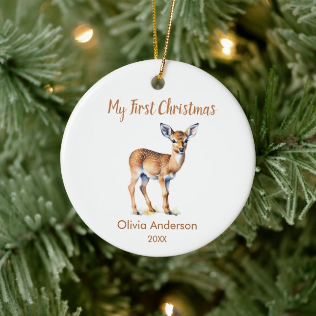 First Christmas natural reindeer Photo Ceramic Tree Decoration (Tree)