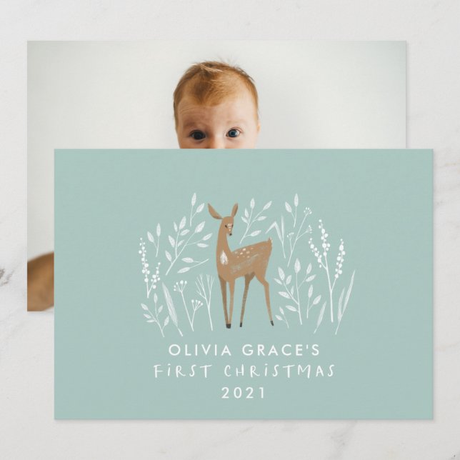 First Christmas natural reindeers delicate 1 photo Holiday Card (Front/Back)