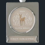 First Christmas natural reindeers delicate floral Silver Plated Banner Ornament<br><div class="desc">First Christmas natural reindeers delicate floral personalised and year.</div>