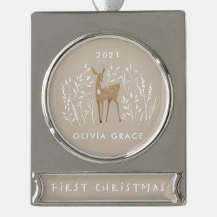 First Christmas natural reindeers delicate floral Silver Plated Banner Ornament