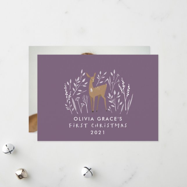 First Christmas natural reindeers delicate purple Holiday Card (Front/Back In Situ)