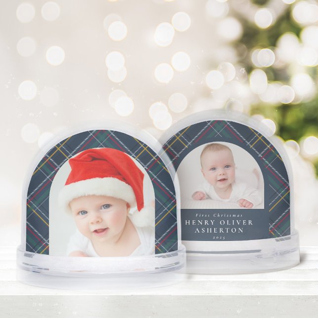 First Christmas navy holiday plaid two photo Snowglobe (Creator Uploaded)
