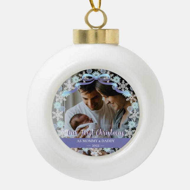 First Christmas New Baby Parents Snowflakes Ribbon Ceramic Ball Christmas Ornament (Front)
