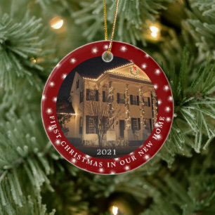 FIRST CHRISTMAS NEW HOME 2 Photo Lights Red Ceramic Tree Decoration