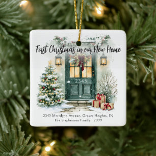 First Christmas New Home Address Watercolor Door Ceramic Ornament