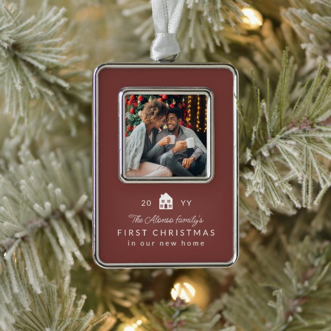First Christmas new home classic maroon photo  Silver Plated Framed Ornament (Tree)