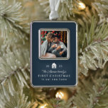 First Christmas new home classic navy blue photo  Silver Plated Framed Ornament<br><div class="desc">Celebrate a new home for the holidays with this keepsake photo ornament. Featuring a cute Christmas village house illustration on the front with the year and name, this navy blue holiday ornament also has room for a single photo. This design was created by Lea Delaveris Design and is part of...</div>