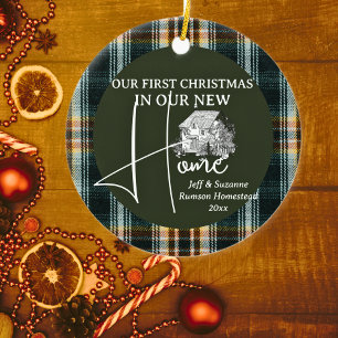 First Christmas New Home Cottage plaid PHOTO Ceramic Tree Decoration