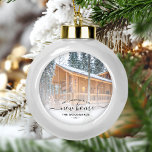 First Christmas New Home Custom Photo Black Script Ceramic Ball Christmas Ornament<br><div class="desc">Commemorate your first Christmas in your new home with this beautiful modern keepsake ornament. The black text reads "First Christmas in our new home, " with the words "new home" in elegant handwriting script with flourishes before and after. Replace the sample image with a photo of your new house and...</div>