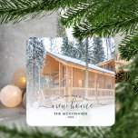 First Christmas New Home Custom Photo Green Script Metal Tree Decoration<br><div class="desc">Commemorate your first Christmas in your new home with this beautiful modern keepsake ornament. The dark green text reads "First Christmas in our new home, " with the words "new home" in elegant handwriting script with flourishes before and after. Replace the sample image with a photo of your new house...</div>