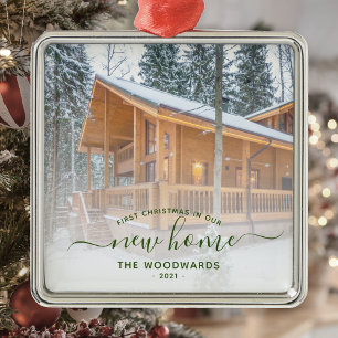 First Christmas New Home Custom Photo Green Script Metal Tree Decoration