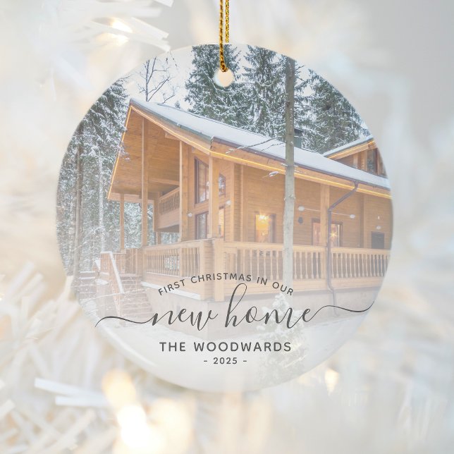 First Christmas New Home Custom Photo Grey Script Ceramic Tree Decoration (Creator Uploaded)