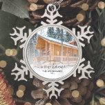 First Christmas New Home Custom Photo Grey Script Snowflake Pewter Christmas Ornament<br><div class="desc">Commemorate your first Christmas in your new home with this beautiful modern keepsake ornament. The charcoal grey text reads "First Christmas in our new home, " with the words "new home" in elegant handwriting script with flourishes before and after. Replace the sample image with a photo of your new house...</div>