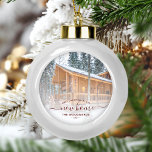 First Christmas New Home Custom Photo Red Script Ceramic Ball Christmas Ornament<br><div class="desc">Commemorate your first Christmas in your new home with this beautiful modern keepsake ornament. The red text reads "First Christmas in our new home, " with the words "new home" in elegant handwriting script with flourishes before and after. Replace the sample image with a photo of your new house and...</div>
