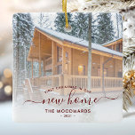 First Christmas New Home Custom Photo Red Script Ceramic Ornament<br><div class="desc">Commemorate your first Christmas in your new home with this beautiful modern keepsake ornament. The red text reads "First Christmas in our new home, " with the words "new home" in elegant handwriting script with flourishes before and after. Replace the sample image with a photo of your new house and...</div>
