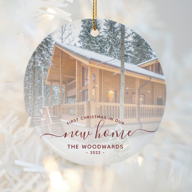 First Christmas New Home Custom Photo Red Script Ceramic Tree Decoration (Creator Uploaded)