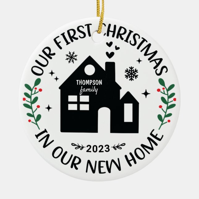 First Christmas New Home Family Name Ceramic Tree Decoration (Front)