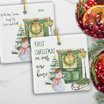 First Christmas New Home Festive Front Door Ceramic Ornament<br><div class="desc">First Christmas in new home holiday ornament - which you can edit for single, couples and families and personalise with the year and your new address. Festive christmas front door design, decorated with holly wreath and garland. The scene is set with cosy home elements including glowing lantern, christmas tree, snowman...</div>