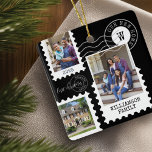 First Christmas New Home Fun Postage Stamp Photos Ceramic Ornament<br><div class="desc">Fun and memorable "First Christmas in Our New Home" keepsake ornament. Design features our fun postage stamps photo collage design. Collage with 3 photos to display your special photos of your family and new home. Customizable text with family signature, year, address, and monogram. This ornament would make a great gift...</div>