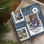 First Christmas New Home Fun Postage Stamp Photos Ceramic Ornament<br><div class="desc">Fun and memorable "First Christmas in Our New Home" keepsake ornament. Design features our fun postage stamps photo collage design. Collage with 3 photos to display your special photos of your family and new home. Customizable text with family signature, year, address, and monogram. This ornament would make a great gift...</div>