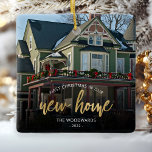 First Christmas New Home Gold Script Photo Square Ceramic Ornament<br><div class="desc">Commemorate your first Christmas in your new home with this beautiful modern keepsake ornament. The text reads "First Christmas in our new home, " with the words "new home" in elegant gold faux foil script. Replace the sample image with a photo of your new house and add your family's last...</div>