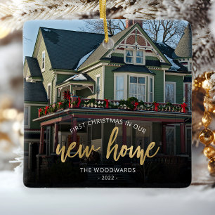 First Christmas New Home Gold Script Photo Square Ceramic Ornament