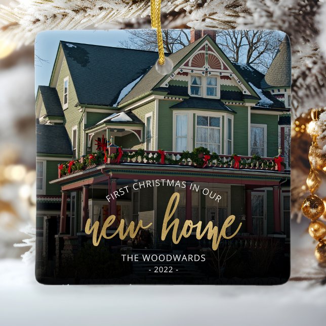 First Christmas New Home Gold Script Photo Square Ceramic Ornament (Creator Uploaded)