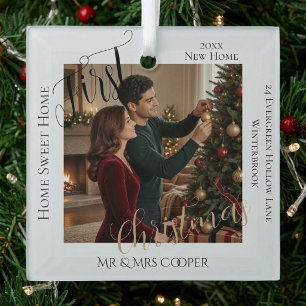 First Christmas New Home Newly Wed Couple's Photo Glass Tree Decoration