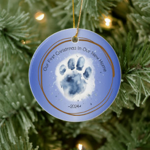 First Christmas  New Home paw print quote blue Ceramic Tree Decoration